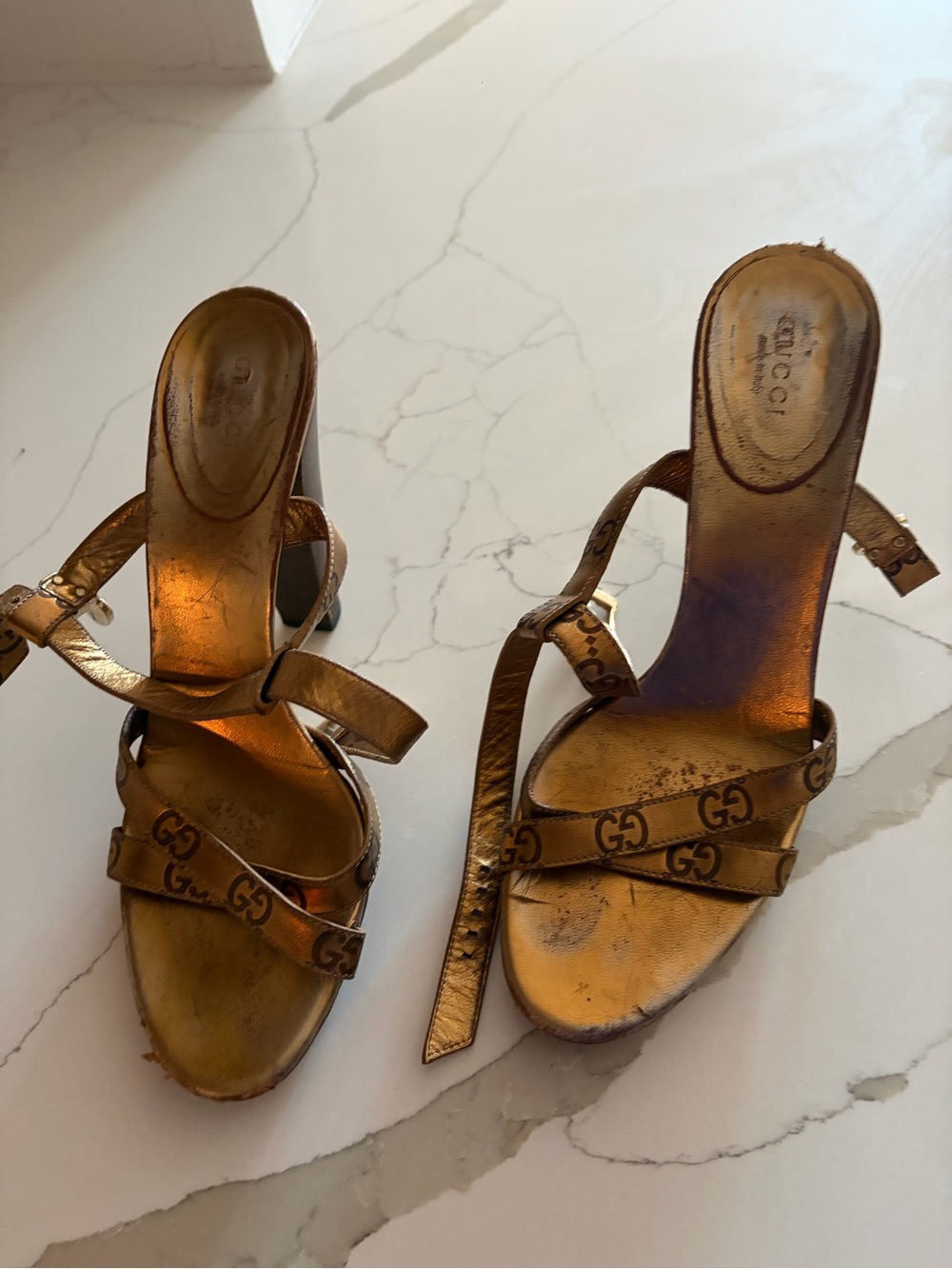Gucci Metallic Bronze GG Logo Strappy Heels